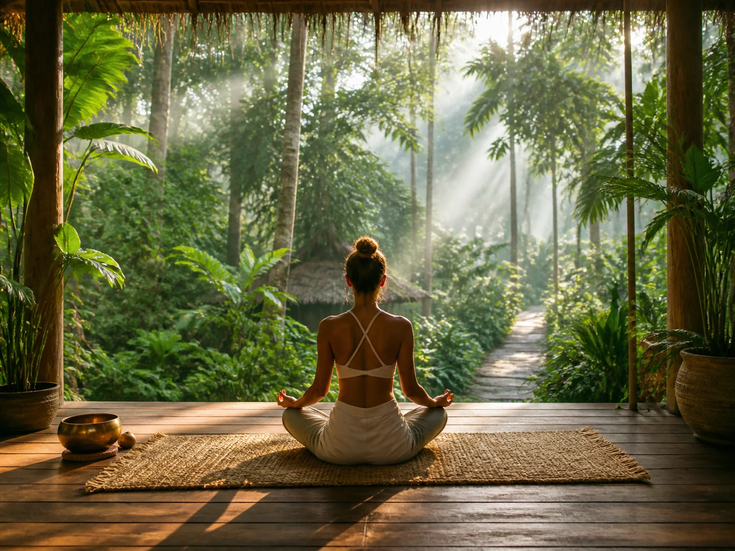 Ilustrasi yoga pagi di tengah hutan tropis